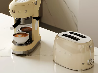 Modern Cream SMEG Kitchen Appliances Coffee Maker And Toaster On Marble Counter 3d model