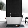 Modern Bathroom With Dark Gray Walls Round Mirror And White Bathtub