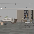 Modern Office Interior With Lounge Sofa Desk Chairs Bookshelf And Potted Plants