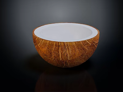 Halved Fresh Coconut with White Flesh and Brown Shell on Black Background 3d model