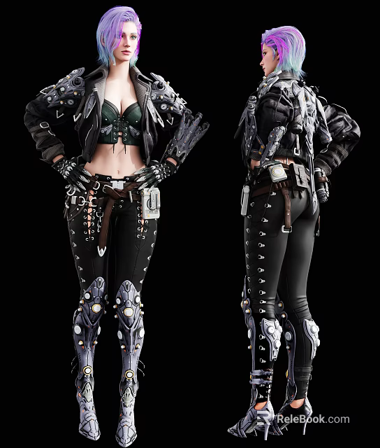 Woman In Gothic Style Black Studded Leather Jacket Tight Pants With Decorative Belt 3d model 