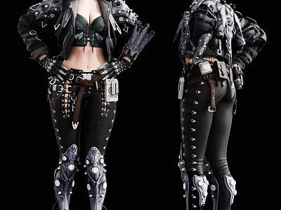 Woman In Gothic Style Black Studded Leather Jacket Tight Pants With Decorative Belt 3d model