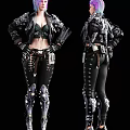 Woman In Gothic Style Black Studded Leather Jacket Tight Pants With Decorative Belt