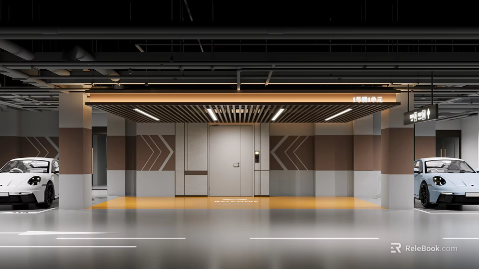 Modern Underground Parking Lot With Exquisite Unit Entrance And Soft Bright Indoor Lighting Design 3d model 