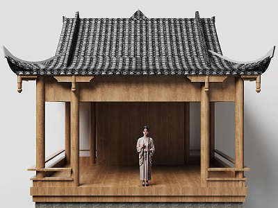 Ancient Chinese Architecture Featuring Tiled Roof Overhanging Eaves Wooden Structure and Person in Traditional Clothing 3d model