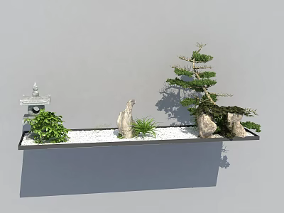 Wall Mounted Miniature Garden With White Pebbles Decorative Stones Small Plants And Mini Lantern 3d model