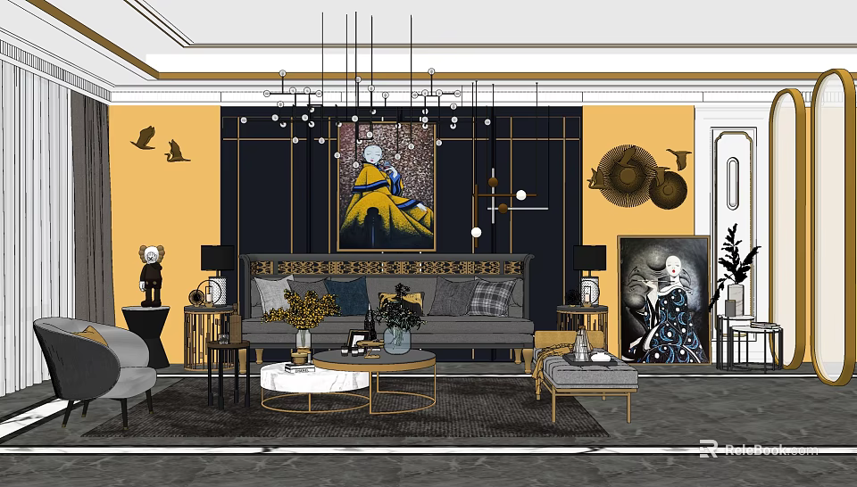 Modern Sofa And Coffee Table Set Interior With Decorative Artwork Chandelier And Throw Pillows 3d model