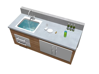Modern Washbasin Counter With Faucet Wooden Cabinets And Toiletries On Top 3d model