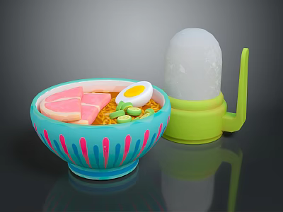 Blue Striped Ramen Bowl With Fried Egg Chashu Pork Vegetables And Green Container 3d model