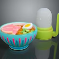 Blue Striped Ramen Bowl With Fried Egg Chashu Pork Vegetables And Green Container