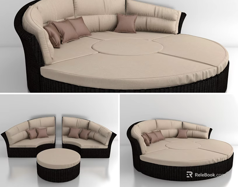 Rattan Round Sofa Design With Beige Cushions And Matching Ottoman Set 3d model 