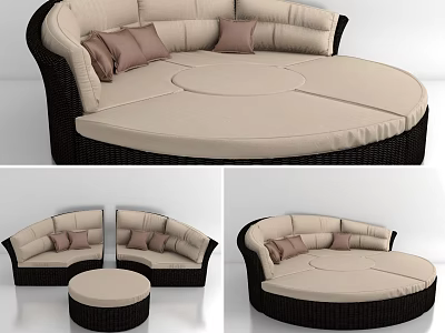 Rattan Round Sofa Design With Beige Cushions And Matching Ottoman Set 3d model