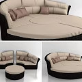 Rattan Round Sofa Design With Beige Cushions And Matching Ottoman Set