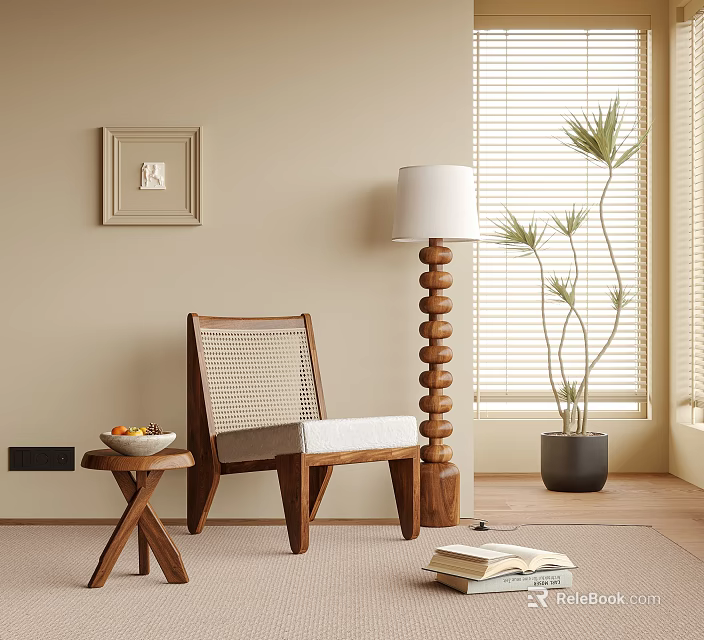 Elegant Accent Chair With Beige Wall Window Blinds Spiral Floor Lamp Side Table and Plant 3d model 