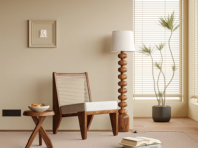 Elegant Accent Chair With Beige Wall Window Blinds Spiral Floor Lamp Side Table and Plant 3d model
