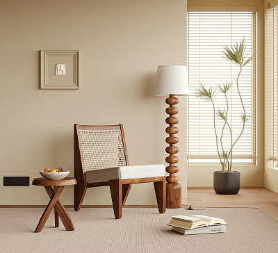 Elegant Accent Chair With Beige Wall Window Blinds Spiral Floor Lamp Side Table and Plant 3d model
