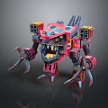 Pink Red Mechanical Monster Character With Sharp Claws And Cube Shaped Features 3d model