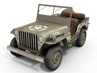 Vintage Military Green Jeep Featuring Open Top Brown Seats Rugged Tires And Classic Design 3d model