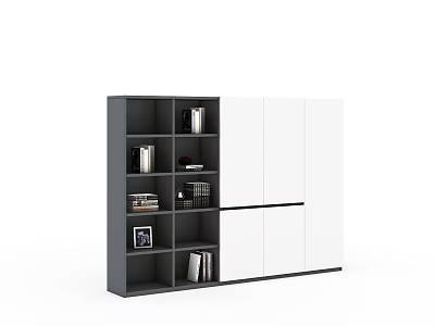 Modern Bookcase Design With Gray White Compartments Books Photo Frame And Storage 3d model