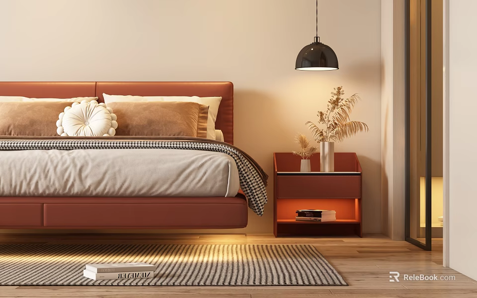 Modern Bedroom Interior With Brown Headboard Pillows Nightstand Lamp And Cozy Rug 3d model 