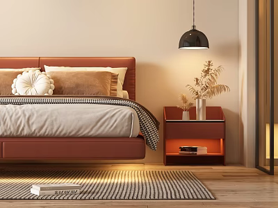 Modern Bedroom Interior With Brown Headboard Pillows Nightstand Lamp And Cozy Rug 3d model