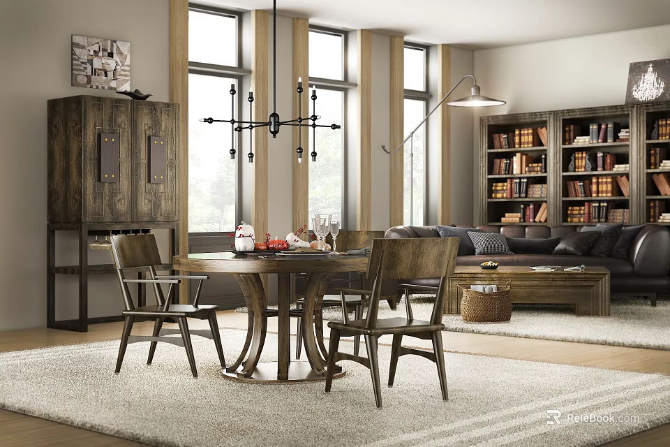 Warm Modern Dining Living Room Interior With Wooden Table Chairs Chandelier Bookshelves And Large Windows 3d model 