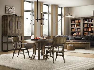 Warm Modern Dining Living Room Interior With Wooden Table Chairs Chandelier Bookshelves And Large Windows 3d model