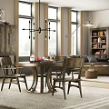 Warm Modern Dining Living Room Interior With Wooden Table Chairs Chandelier Bookshelves And Large Windows