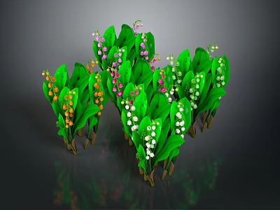 Clustered Lily of the Valley Plants with Green Leaves White Pink Flowers and Orange Blooms 3d model