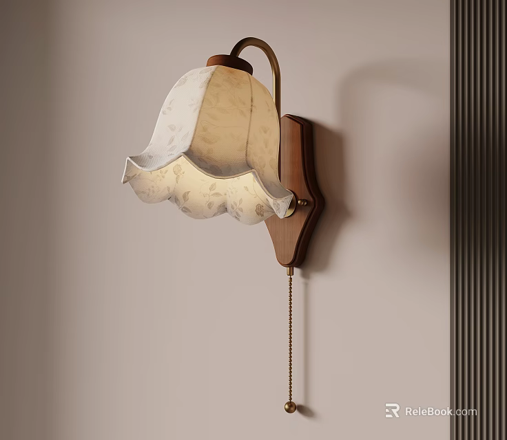 Elegant Wall Lamp With Wooden Base And Petal Shaped White Floral Pattern Lampshade 3d model 