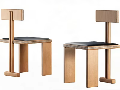 Modern Wooden Single Chair With Square Backrest And Black Seat Design 3d model