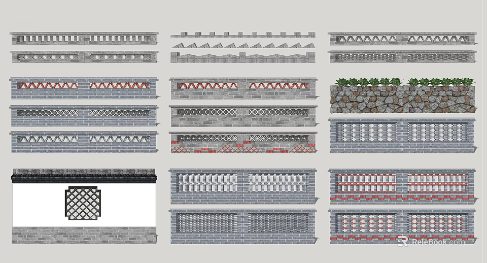 Diverse Building Exterior Wall Designs Featuring Brick Stone Grille And Decorative Patterns 3d model