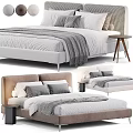 Modern Fabric Double Bed With Gray Pillows Striped Blanket And Side Table