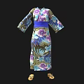 Traditional Japanese Kimono With Floral Pattern Blue Belt And Geta Sandals