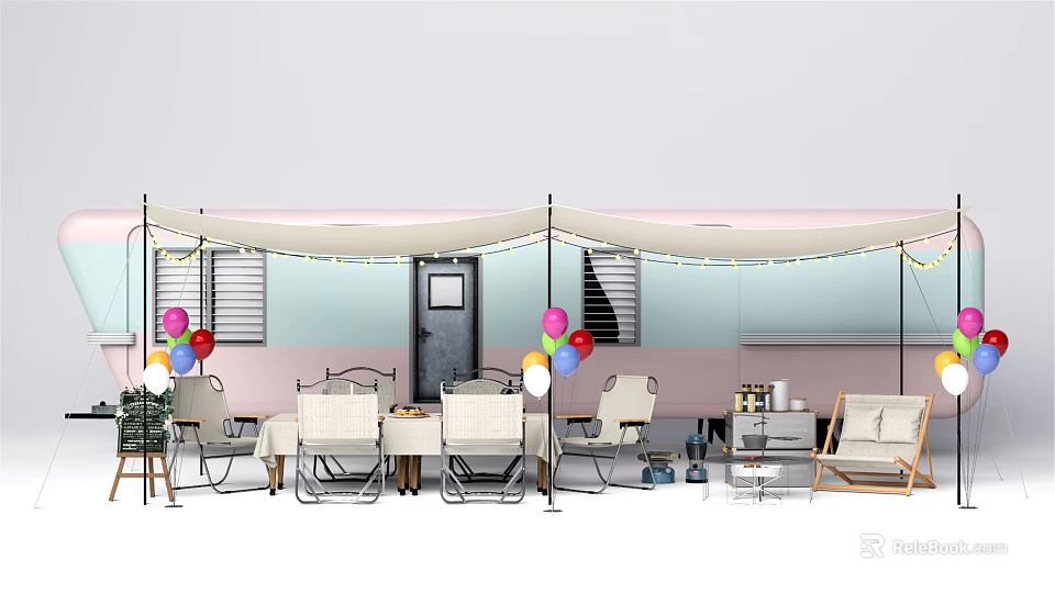 Public Facility Outdoor Rest Area with Canopy Tables Chairs and Colorful Balloons 3d model 