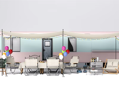 Public Facility Outdoor Rest Area with Canopy Tables Chairs and Colorful Balloons 3d model