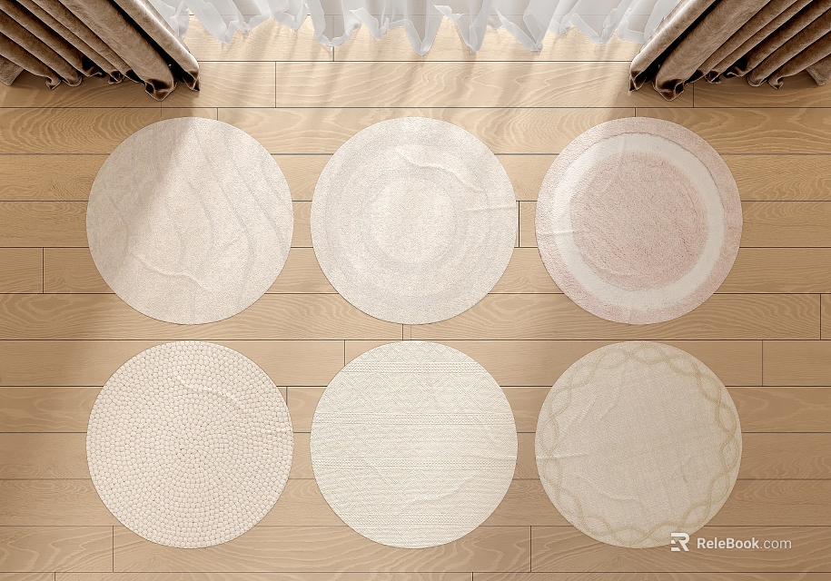 Six Beige Light Pink Round Rugs With Textured Patterns On Wooden Floor 3d model 