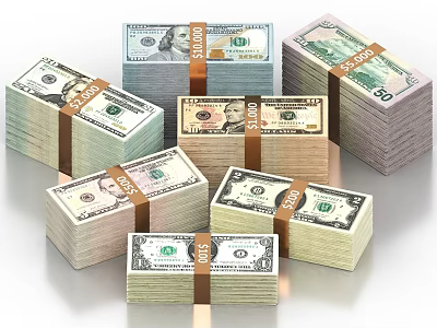 Stacked Bundles of US Dollar Bills in Various Denominations and Colors 3d model