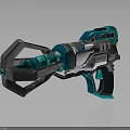 Futuristic Sci Fi Weapon With Teal And Silver Mechanical Design Barrel Grip And Tech Features