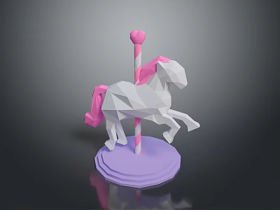 Low Poly Carousel Horse Decorative Figure With Pink Mane And Purple Base Pole 3d model