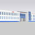 Modern White Building With Blue Trim Multiple Windows Glass Entrance And Red Sign