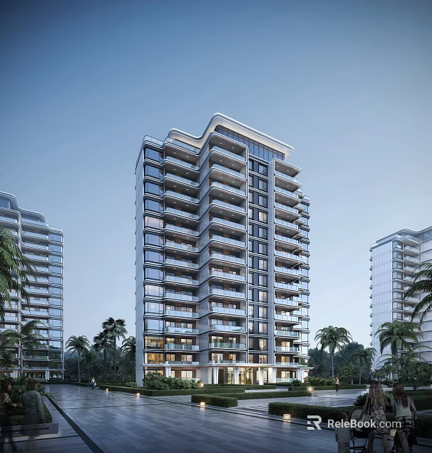 Modern High-rise Residential Building with Balconies and Glass Curtain Walls Surrounded by Palm Trees 3d model 