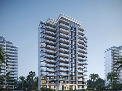 Modern High-rise Residential Building with Balconies and Glass Curtain Walls Surrounded by Palm Trees 3d model