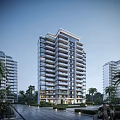 Modern High-rise Residential Building with Balconies and Glass Curtain Walls Surrounded by Palm Trees