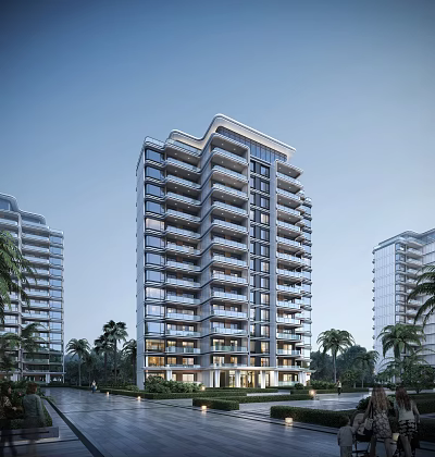 Modern High-rise Residential Building with Balconies and Glass Curtain Walls Surrounded by Palm Trees 3d model