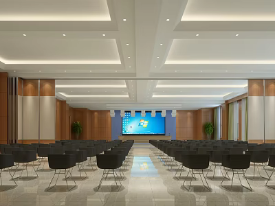 Modern Conference Room With Arranged Chairs Large Screen Wooden Walls And Recessed Lighting 3d model