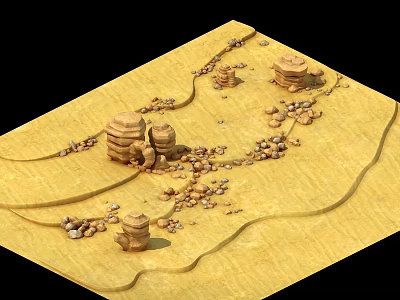 Sandy Ground Landscape With Stone Piles Scattered Small Stones And Curved Paths 3d model