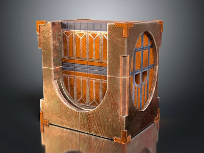 Industrial Vintage Equipment with Cube Design Wooden Metal Ornate Frame Circular Openings and Windows 3d model