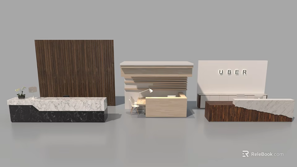 Modern Reception Desk Design With Wooden Panel And Marble Countertop Featuring UBER Logo 3d model 