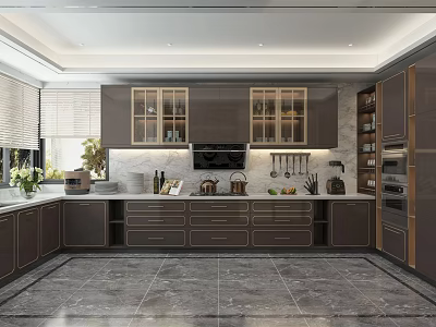 Modern Kitchen Interior With Dark Cabinets Island Countertop And Kitchen Appliances 3d model